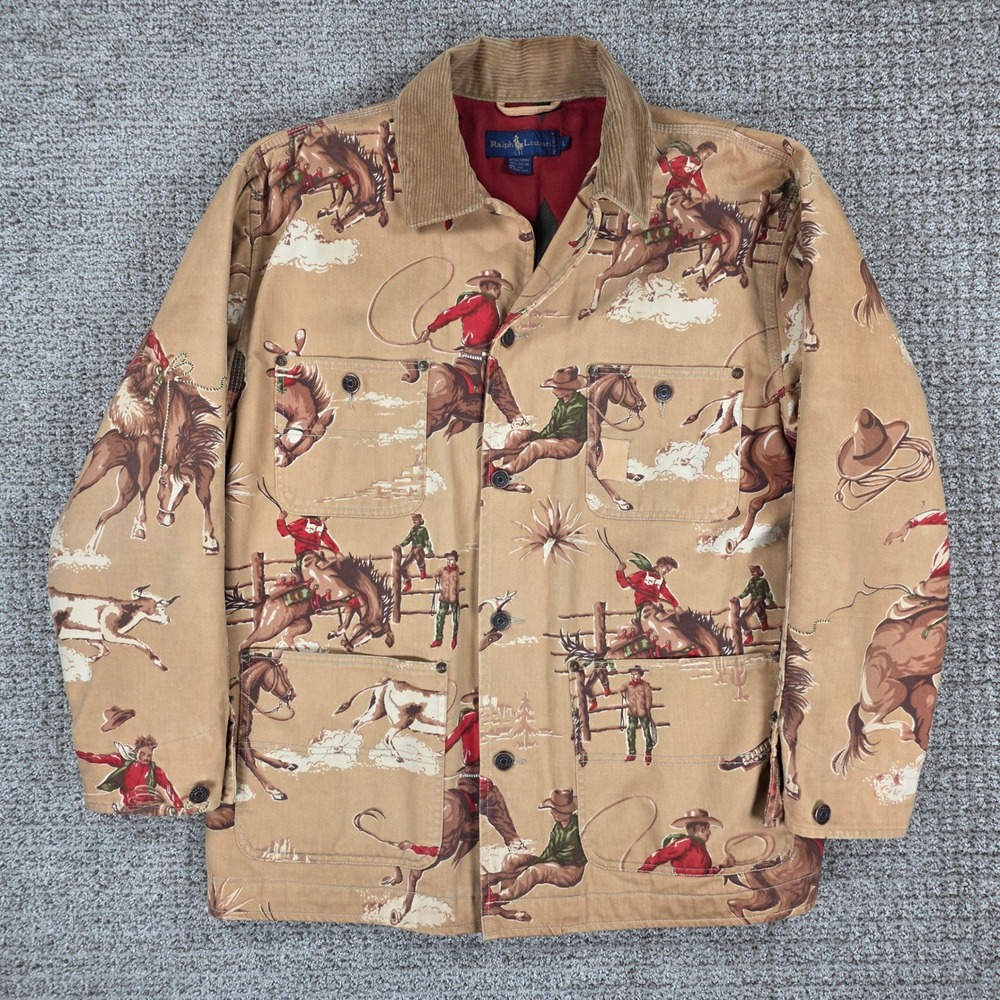 Vintage 80s Ralph Lauren Mens Cowboy Print Barn Coat Chore Jacket Large Aztec